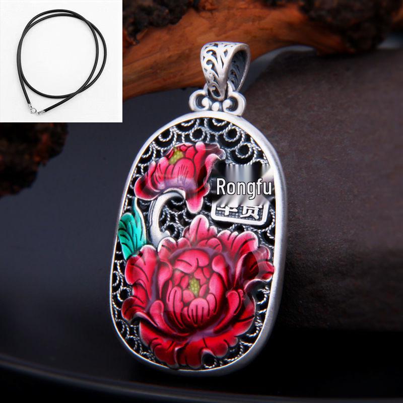 Guochao S925 Silver Peony & Phoenix Filigree Necklace - Ethnic Style Enamel Pendant for Women