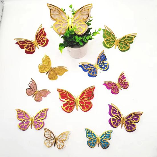 12 Pcs 2 Layer Wings 3D Butterfly Wall Decals Removable Glitter Hollow Butterfly Wall Sticker DIY Room Mural Art