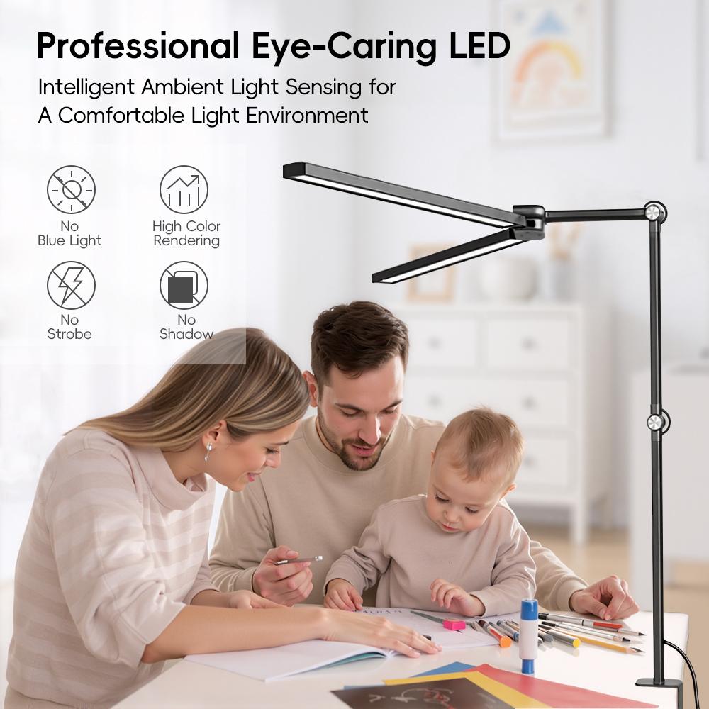 Home LED Eye-Care Reading Desk Lamp with Memory Timer Function 3200K-6500K Stepless Dimming 1800LM 2-Head PC Monitor Table Light