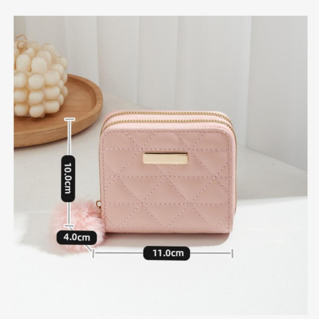 Small Fur Ball Bag, Double Layered Wallet, Diamond Grid, Ladies', Short, Hand-held, Coin Purse