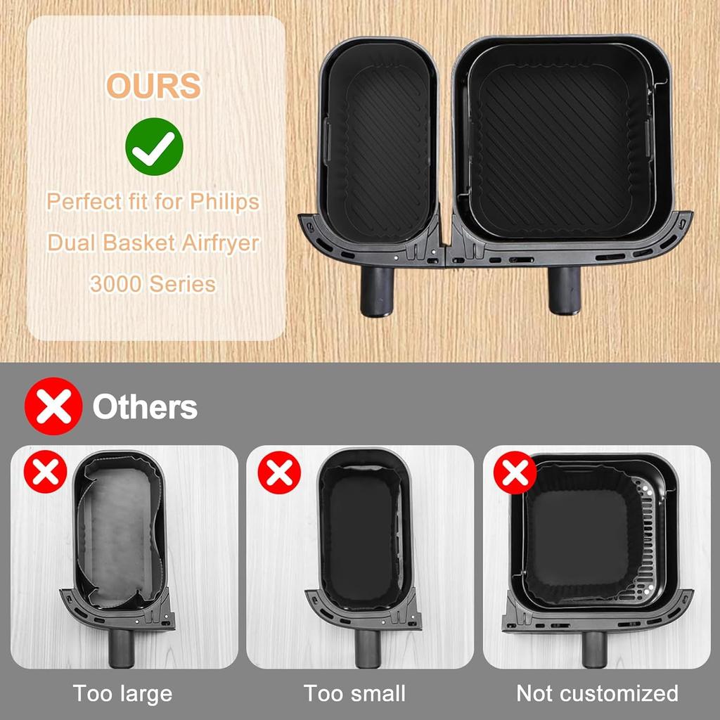 Air Fryer Silicone Liner for Philips Dual Basket Air Fryer 3000 Series 6L/3L,2-Pack Reble Dual Airfryer Liners Accessories for Philips 9L 2-Drawer