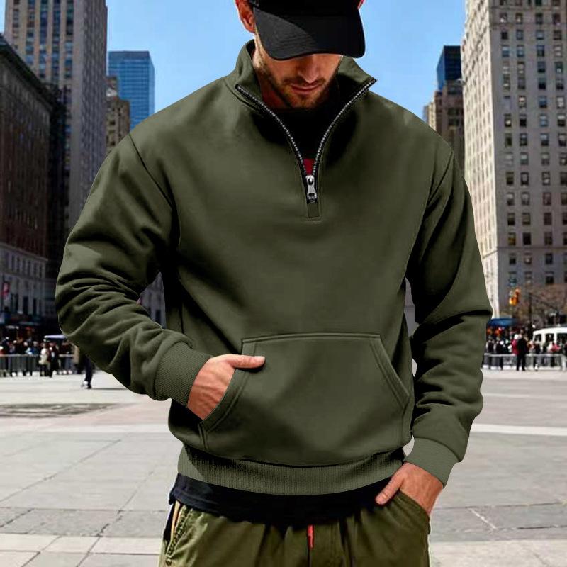 Autumn/Winter Fleece-Lined Heavyweight Men's Oversized Vintage-Style Casual Stand-Up Collar Half-Zip Commuter Hoodie with Pockets