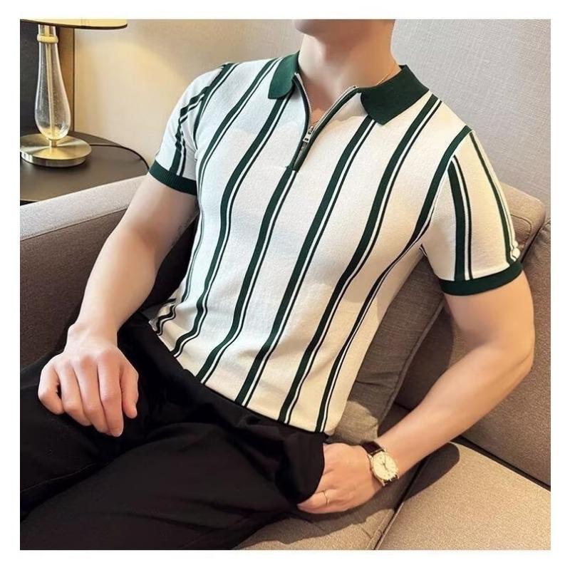Men S Striped Short Sleeve Polo Shirt Business Casual Summer