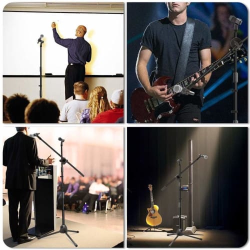 Perfect for end-of-year parties, this boom microphone stand features a tripod, a stable foldable telescoping arm, a 360-degree adjustable height, and