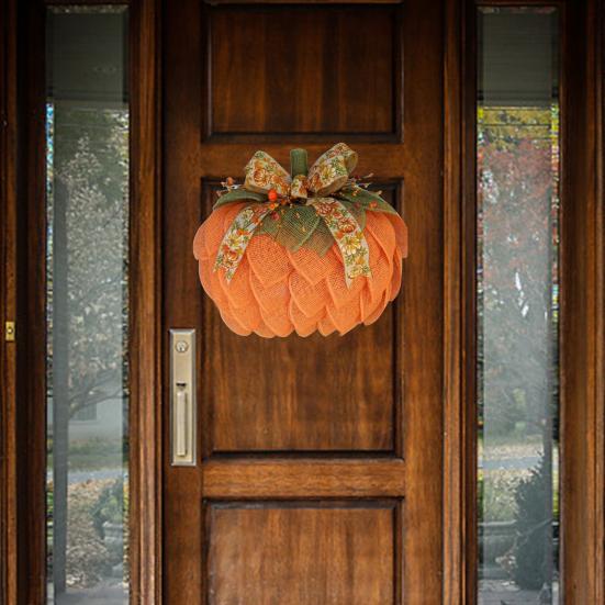 Farmhouse Pumpkin Wreath for Front Door Autumn Burlap Pumpkin Garland with Bows Berries for Fall Halloween Christmas Thanksgiving Home Porch Decor