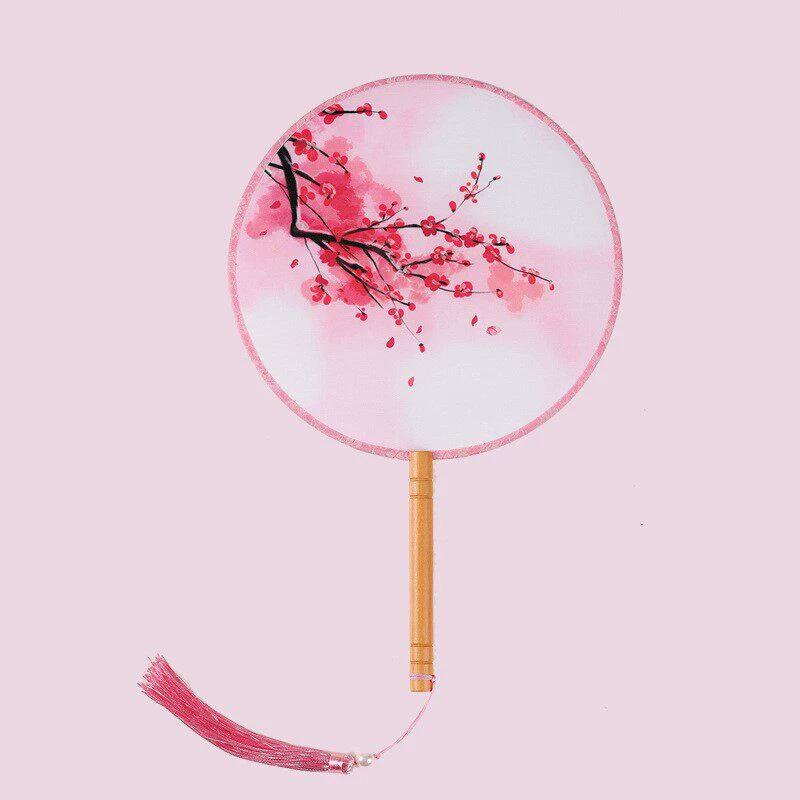 Double-Sided Classical Fan, Ancient Style Semi-Transparent Round Fan with Tassels, Women's Ancient Costume Hanfu Cheongsam Silk Fan