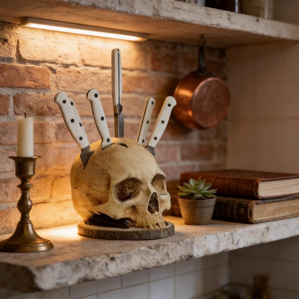 Suport creativ pentru cuțite în formă de craniu pentru decor bucătărie, în stil vintage și cu atmosferă de Halloween
