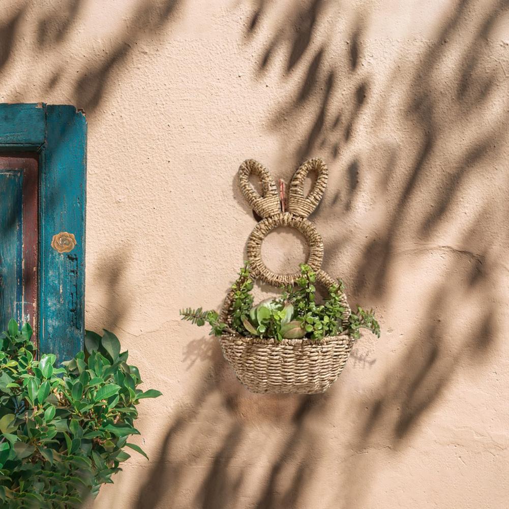 Easter Bunny Wall Hanging Woven Basket, Handmade Bunny Woven Plant Hanging Basket, Outdoor Bunny Wall Decorative Flower Basket