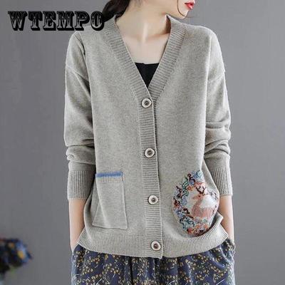 Vintage Cardigan Short Ladies Sweater Spring Loose Jacquard Knit Long Sleeve Jacket