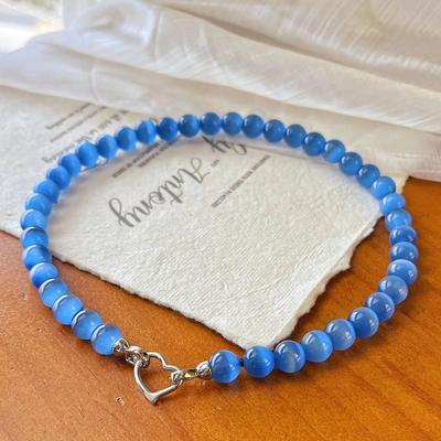 10Mm Blue Opal Necklace Women'S Retro National Style Niche Design Atmosphere Neck Chain Collarbone Chain