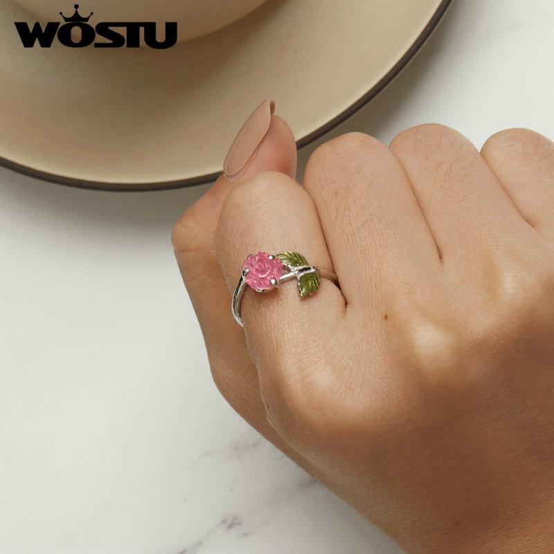 WOSTU Real 925 Sterling Silver Change Color Rose Flower Openging Rings For Women Lovely Wedding Party Jewelry Anniversary Gift