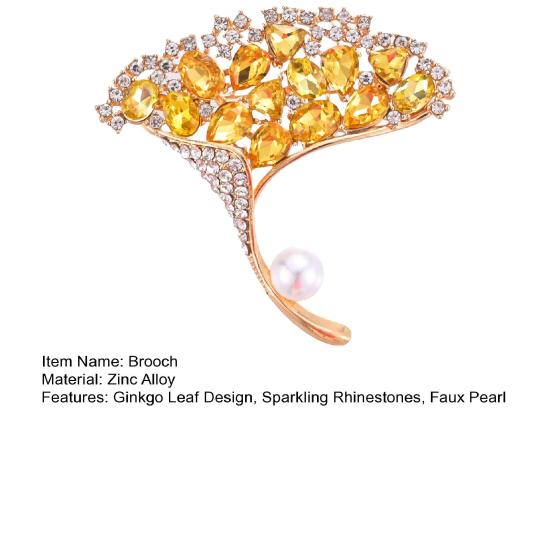 Women Brooch High-Gloss Rhinestone Inlay Faux Pearl Decor Ginkgo Leaf Design Lapel Pin Non-Slip Buckle Scarf Badge Clothing Bags