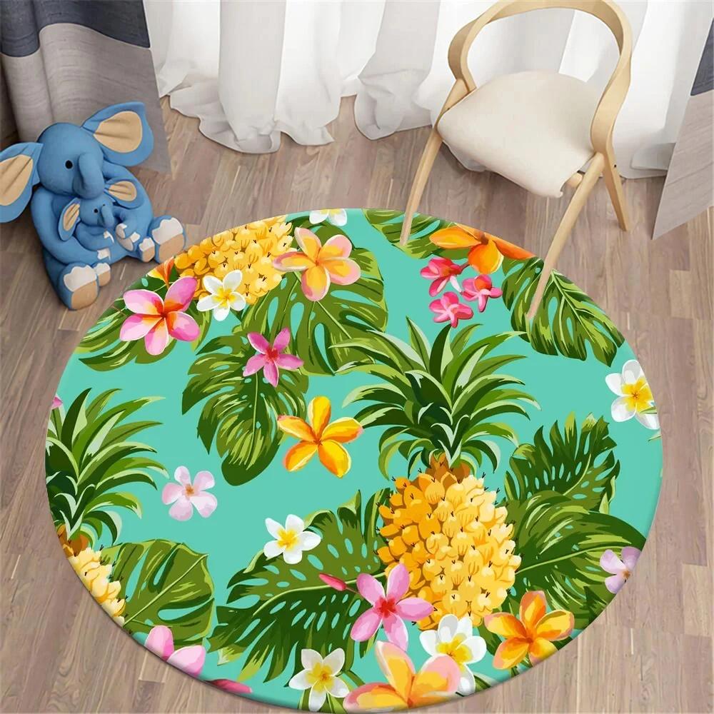 Hawaiian Tropical Leaves Round Carpet Living Room Chair Floor Mat Non-Slip Area Rug for Balcony Table Bedside Sofa Home Decor