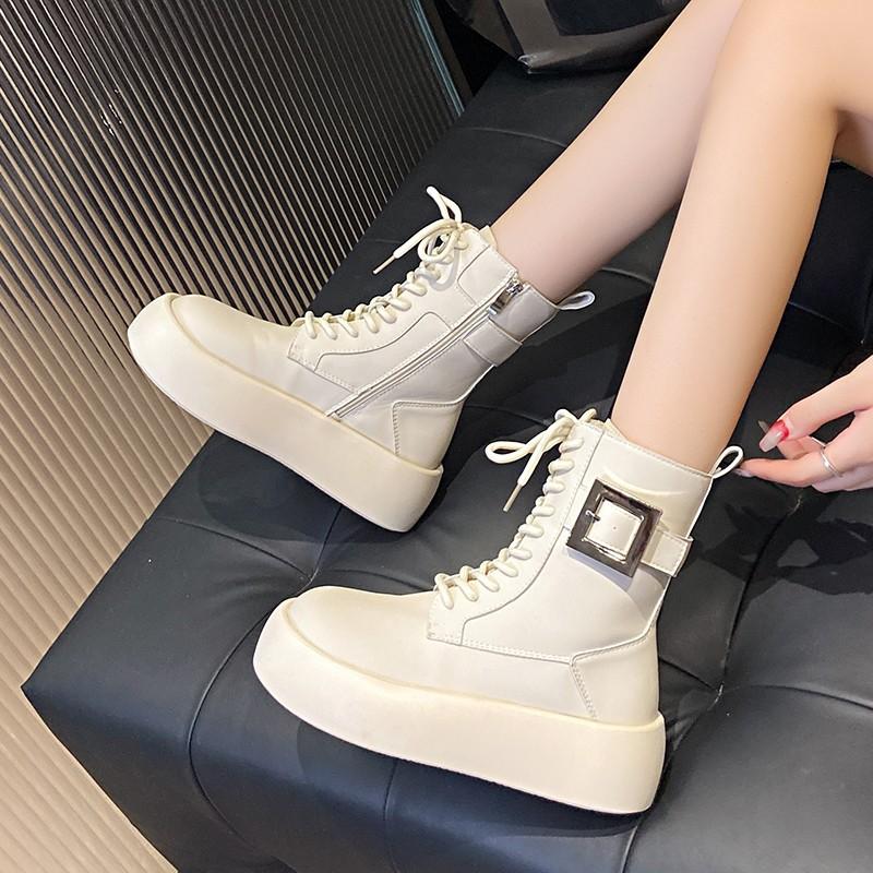 

Женские ботинки Martin на толстой подошве в британском стиле, лето и осень 2024 года, новые ботинки на шнуровке средней высоты с квадратной пряжкой, увеличивающие рост 35 бежевый