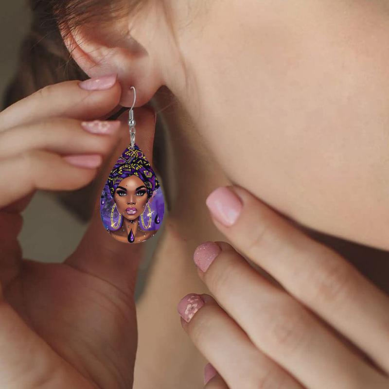 Colorful Ethnic Costume African Female Pattern PU Leather Earrings Ladies Elegant Earrings Ethnic Style Earrings Personality Earrings