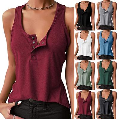 Fashion Womens Spring And Summer Loose Pullover Slim Button Sleeveless T-shirt Top