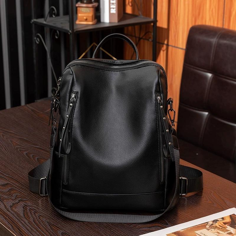

Solid Color PU Leather Backpack, Adjustable Large Capacity Zipper Daypack, Trendy Versatile Casual Commuter Bag for Women Daily Travel чёрный