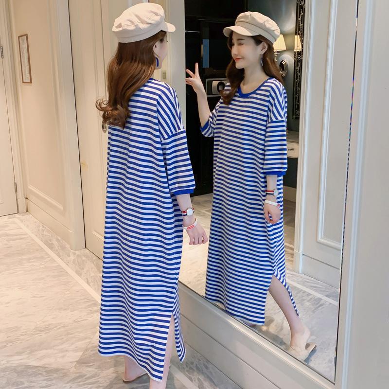 Summer Bf Korean Version Fat Sister Dress Navy Style Blue Striped Knee Long Dress Short Sleeve Large Size Women's T-shirt Skirt