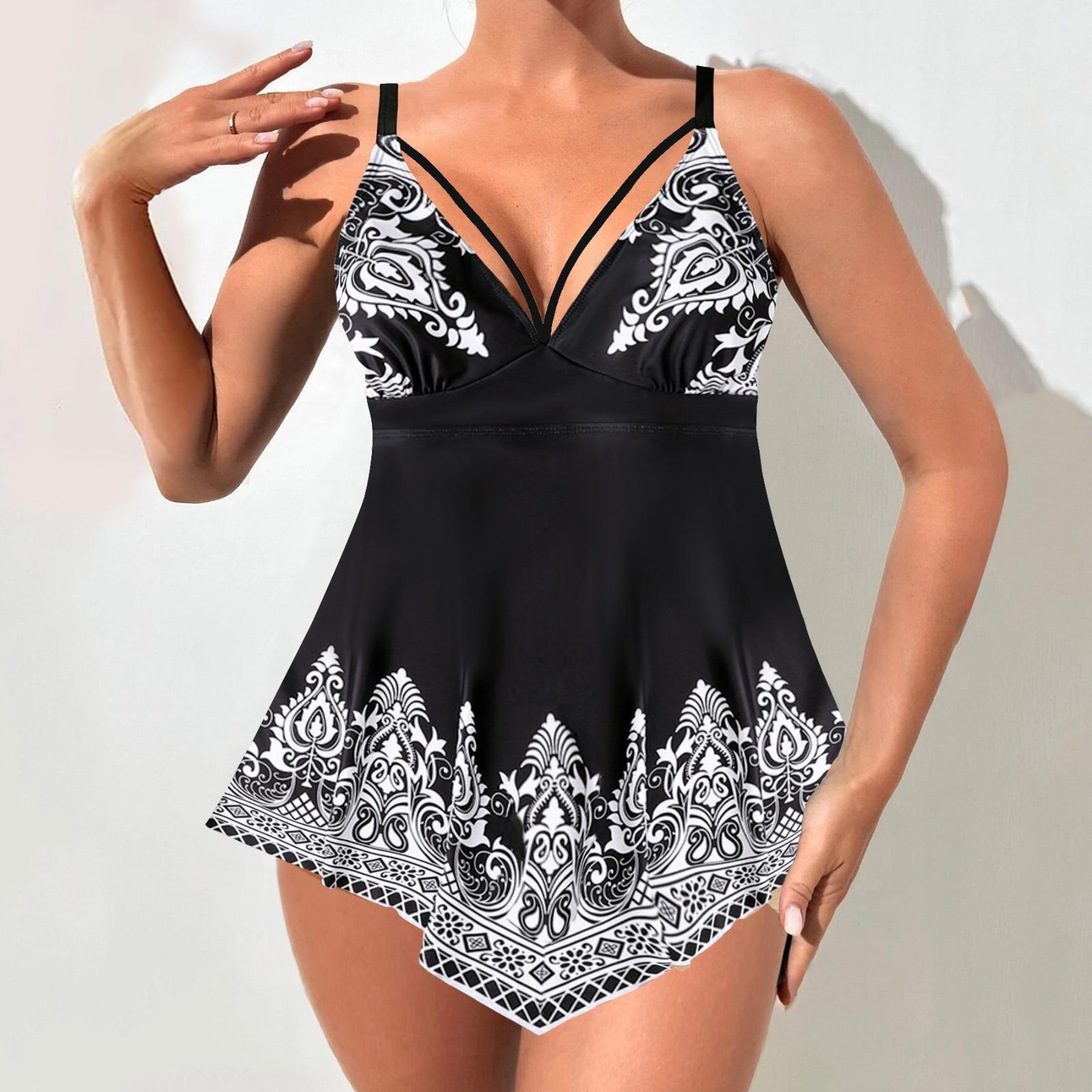 

Женский модный купальник бикини с принтом, двухсекционный, большого размера S чёрный
