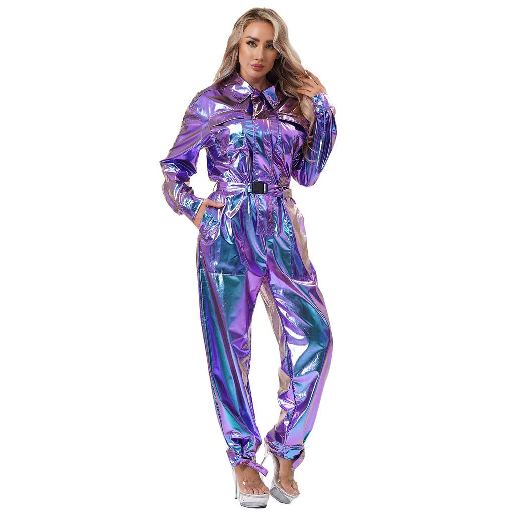 Damen Halloween Jumpsuit Overalls S-3XL: Glänzender Metallic-Body mit Umlegekragen & Gürtel, High-Waist Kostüm