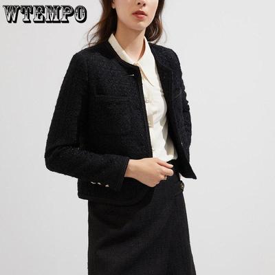 Nowe wysokiej jakości damskie modne kurtki czarny tweed dwie kieszenie złote guziki eleganckie płaszcze wiosna jesień damskie ubrania