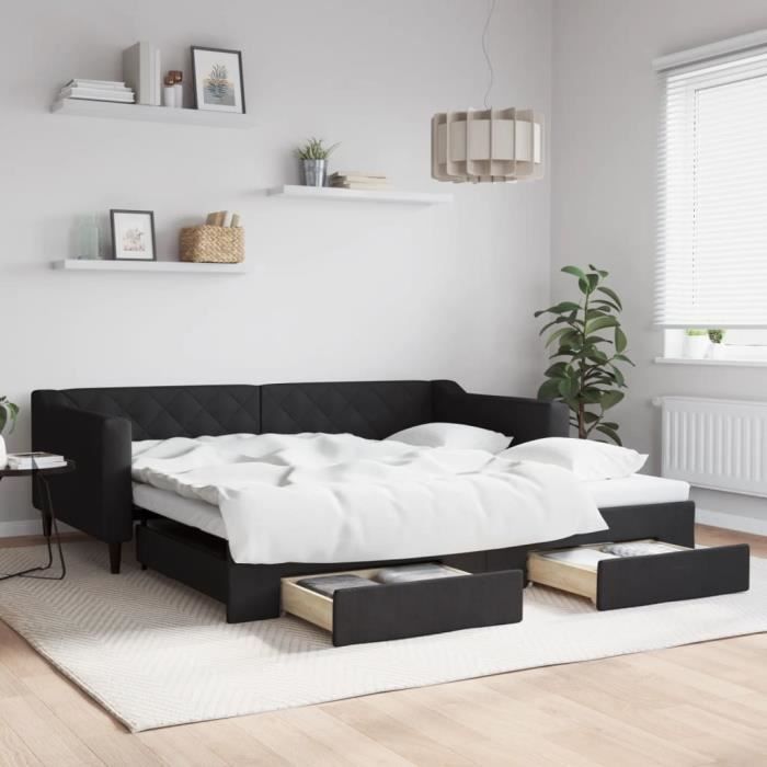 VidaXL Daybed with Trundle and Drawers Black 100x200 Cm Fabric 3197469
