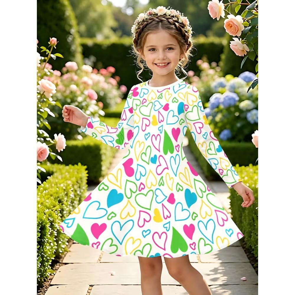 Girls' 3D Colorful Heart Dress Long Sleeve Summer Spring Vacation Daily Holiday Princess Beautiful Sweet Kids 4-12 Years Casual Dress A Line Dress