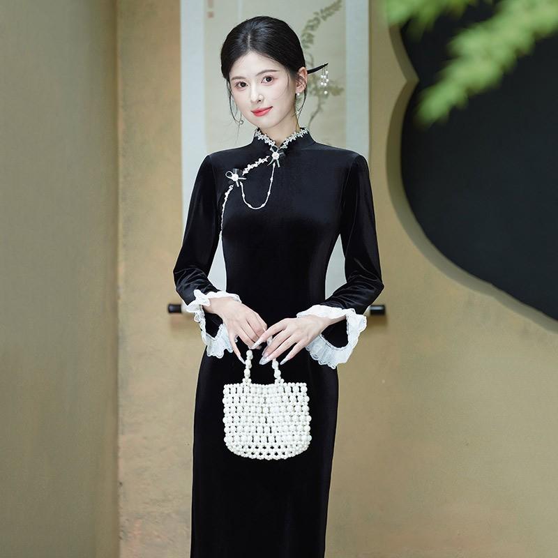 Elegant Black Velvet Chinese Dress Long Sleeve Stand Collar Winter Womens Vintage Modern Qipao Small