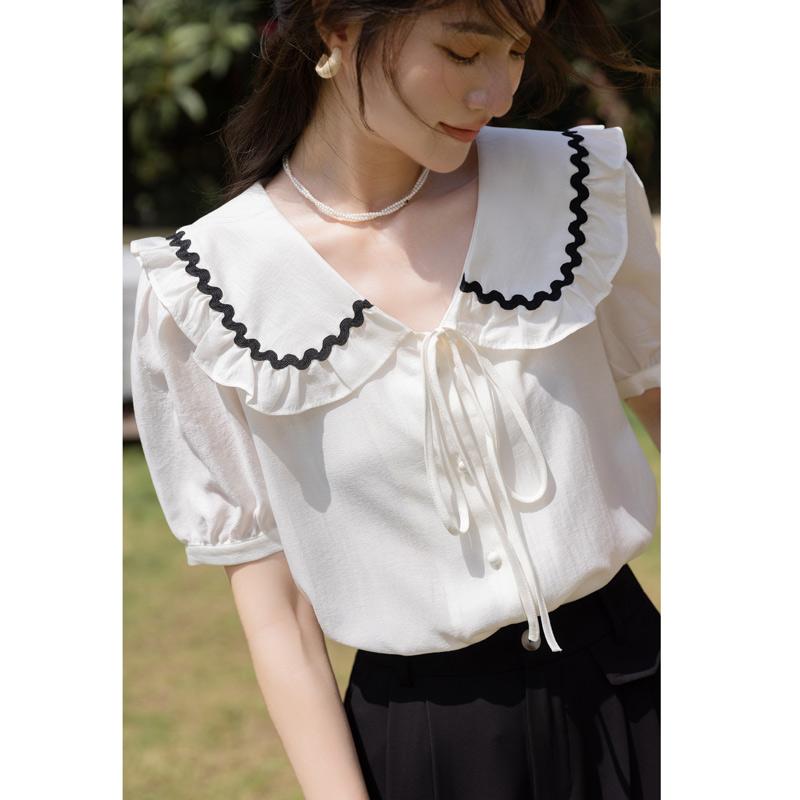 

Біла жіноча сорочка Mishow у літньому корейському стилі, з короткими рукавами, французький вінтаж, комір Пітер Пен, елегантна блузка з пенелями, жіночий одяг MXB27C0492 L вершковий