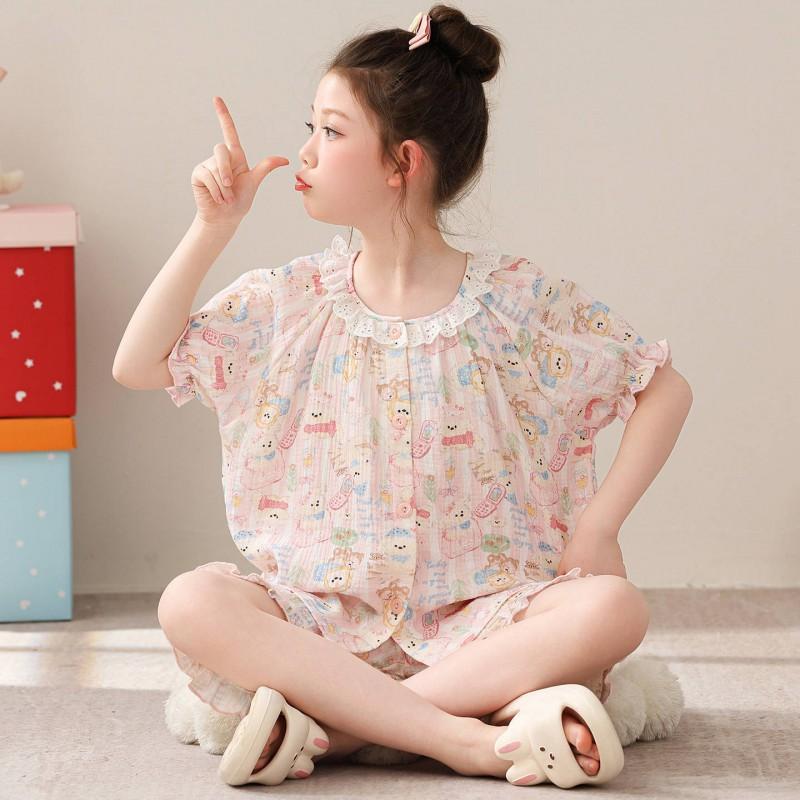 Kids Cotton Cartoon Pajama Set Short Sleeve Sleepwear Girls Princess Style Two Piece Home Outfit