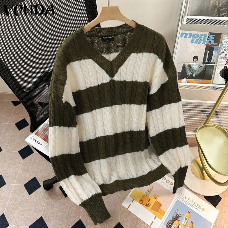 VONDA Autumn Winter Women V-Neck Long Sleeve Striped Knitted Sweaters Pullovers