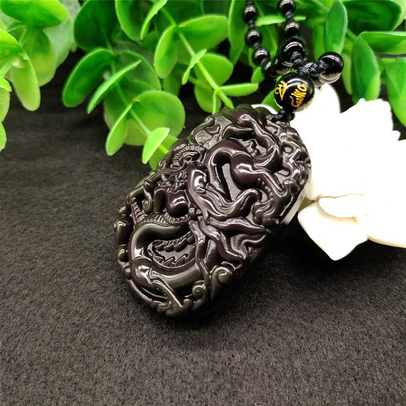 Genuine Obsidian Rainbow Eye Dragon Pendant Necklace for Men and Women - Zodiac Charm & Jade Birthday Gift