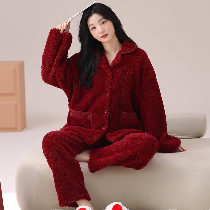 Red Pajamas Women'S Autumn And Winter Flannel Coral Fleece Pajamas Men'S Festive Wedding Couple New Set