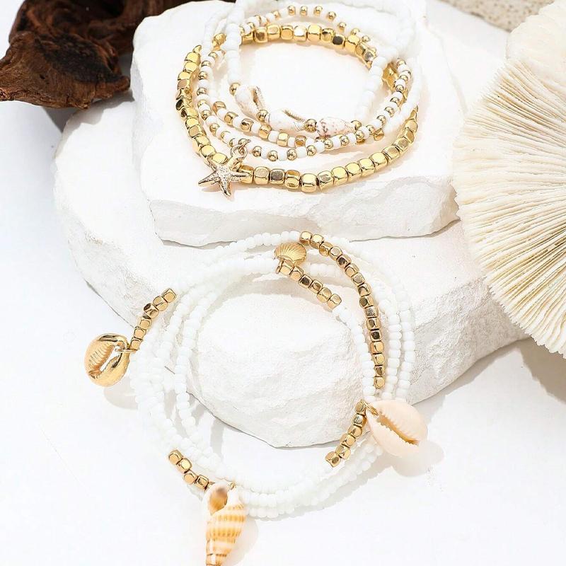 8pcs Bohemian Starfish Braided Anklet Set for Women Summer Beach Shell Cowrie Bead Foot Jewelry Vacation Daily Wear Outfits Gift