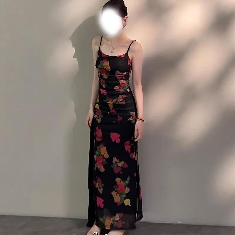 Retro Printed Slim-fitting Suspender Skirt French Summer New Fashion Slim Split-ended Hip-wrapped Floral Dress