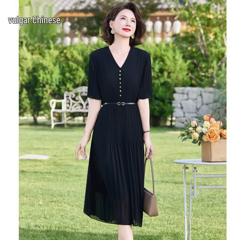 Women s Elegant Plus Size Pleated V-Neck Dress XL