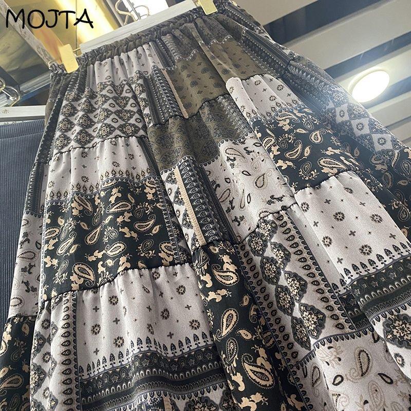 MOJTA Mid-length Skirt Spring Summer Contrast Floral Women's Elastic High Waist Skirt A-line Long Skirt