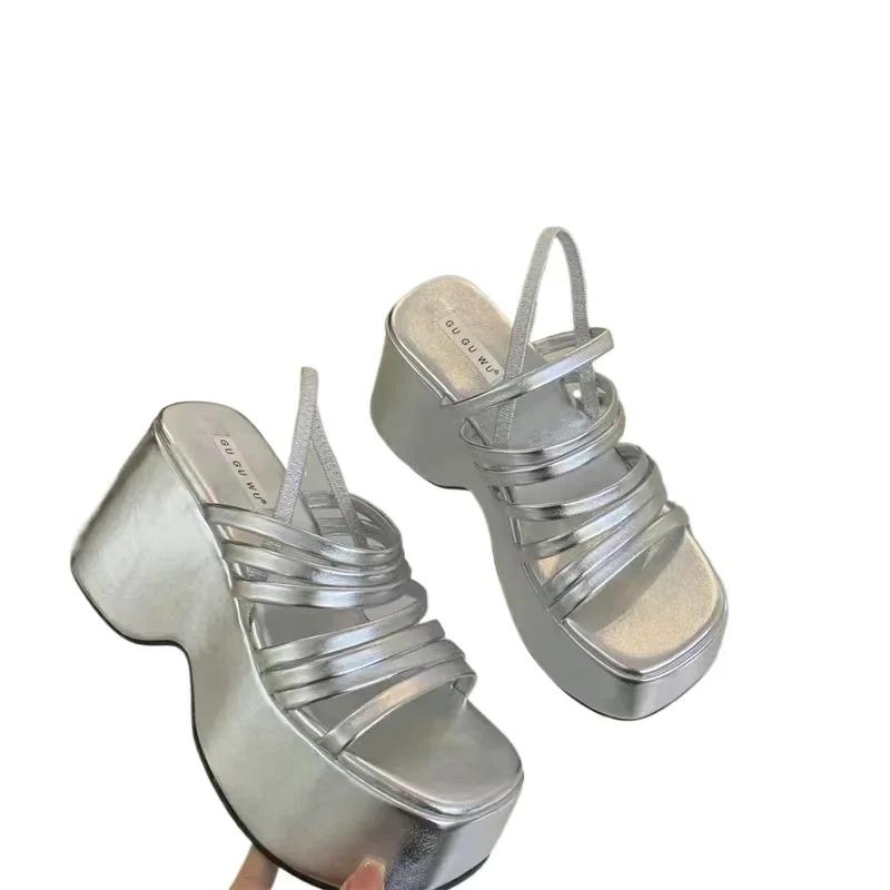 Women's Summer Chunky Heels Sandals New Strap High Heeled Slippers Woman Black Slip on Casual Platform Sandalias Mujer