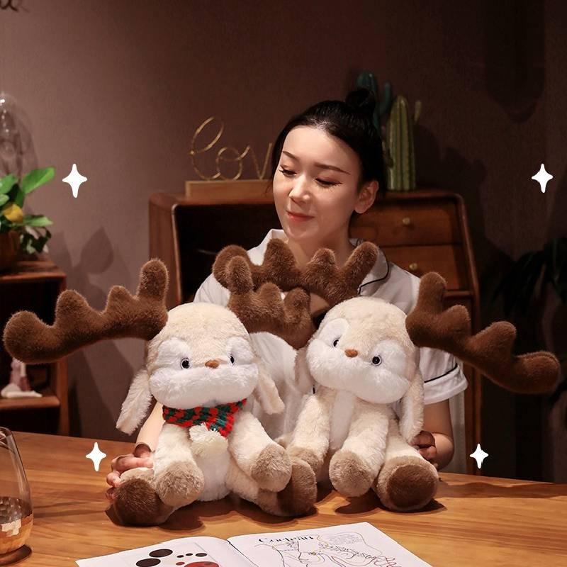 Reindeer Christmas Scarf Plush Toy Big Eared Elk Stuffed Animal Doll Gift 35cm