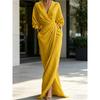 European and American new elegant solid color V-neck long-sleeved split waist pocket long dress