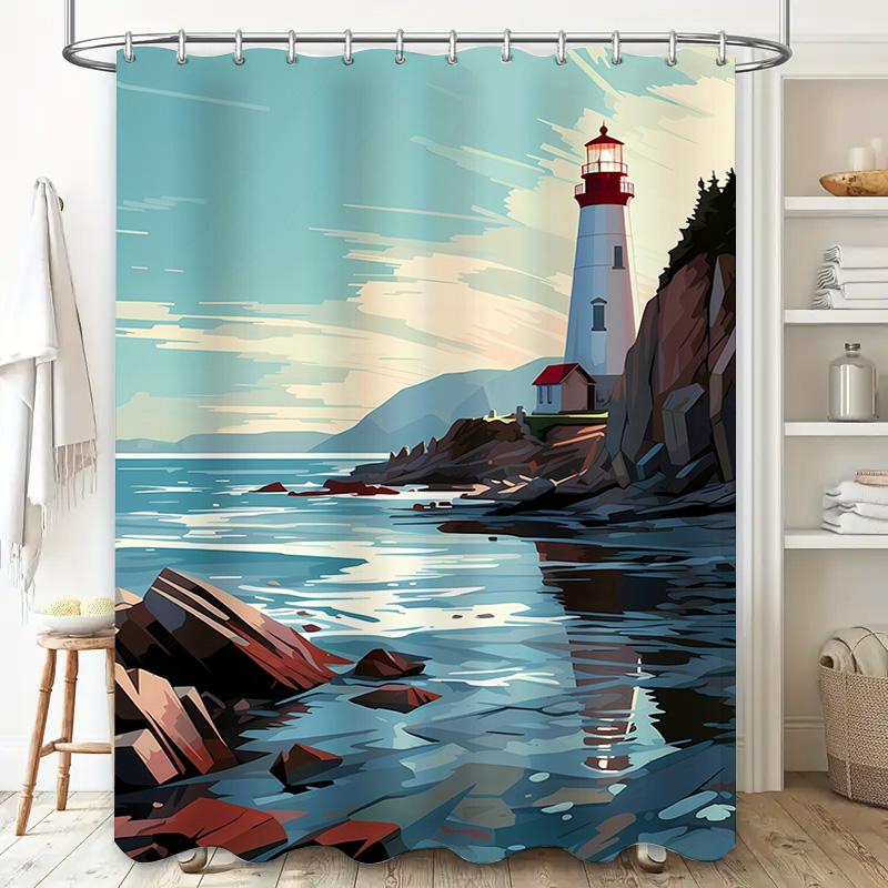 Lighthouse Bath Shower Curtain Nautical Decor Coastal Design for Bathroom Waterproof Fabric with Hooks Various Sizes Available