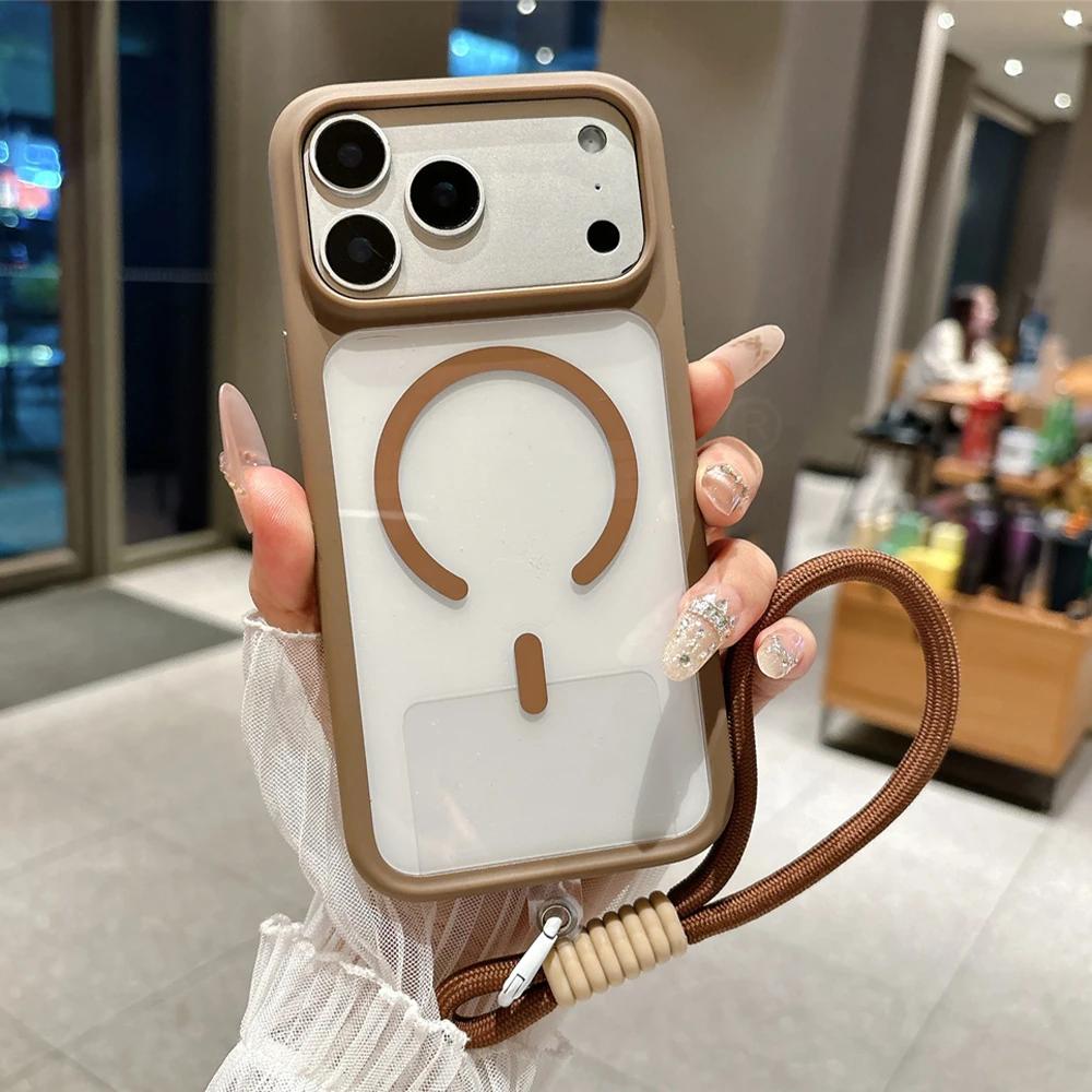 Luxury Lanyard Clear Slim Acrylic Magnetic Phone Case For iPhone 17 16 15 14 13 12 Pro Max For Magsafe Wireless Charging Cover