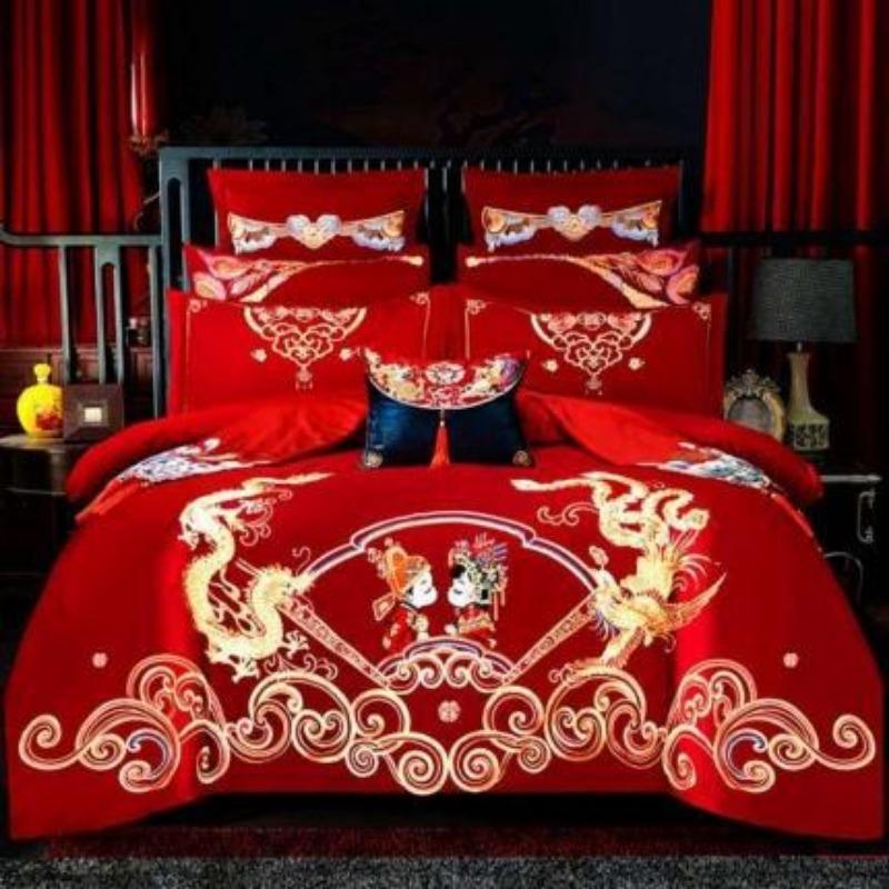 New Chinese style big red embroidery wedding quilt cover polished wedding room bedding wedding four-piece multi-piece set