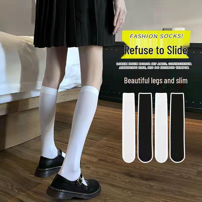 Women's Japanese Style Velvet Knee-High Socks: White & Black Mid-Calf Length Stockings