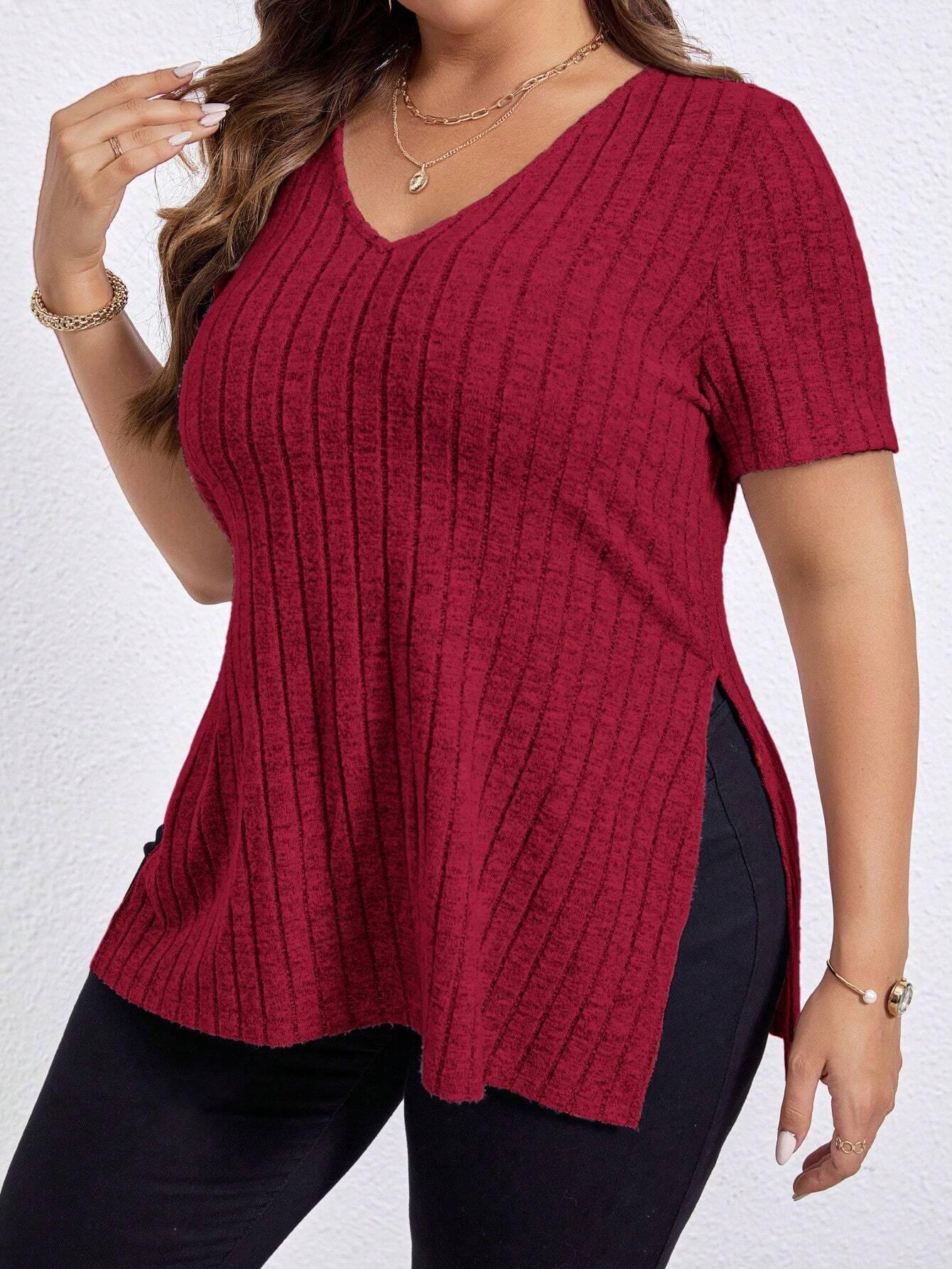 

2026 Spring/Summer Plus Size Women s V-neck Ribbed Short Sleeve Slit Pullover Top 5XL