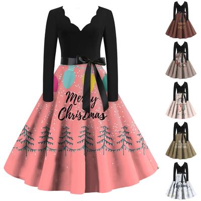Vestidos Vintage Estampados de Manga Larga con Cuello en V para Mujer, Moda Casual Navideña