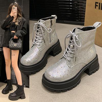 2024 Μποτάκια με Πούλιες και Διαμάντια Γυναικεία Φθινόπωρο Χειμώνας Βρετανική Μόδα Ψηλά με Χοντρό Τακούνι Δαντέλα Μποτάκια Υπαίθριου Πάρτι Καθημερινά Παπούτσια