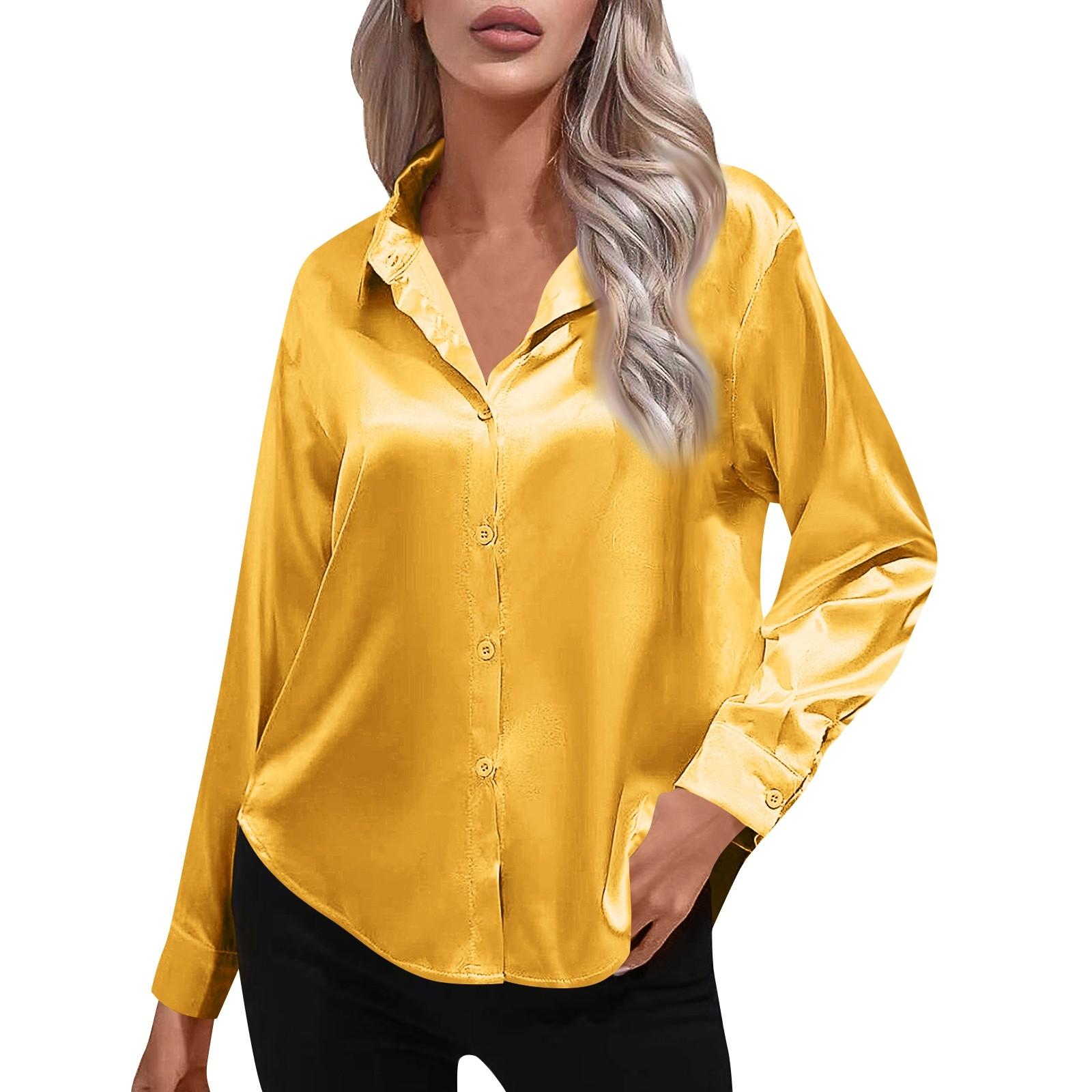 

Женская атласная рубашка из атласа с длинным рукавом из искусственного шелка, однотонная, элегантная рубашка с пуговицами спереди и лацканами M жёлтый