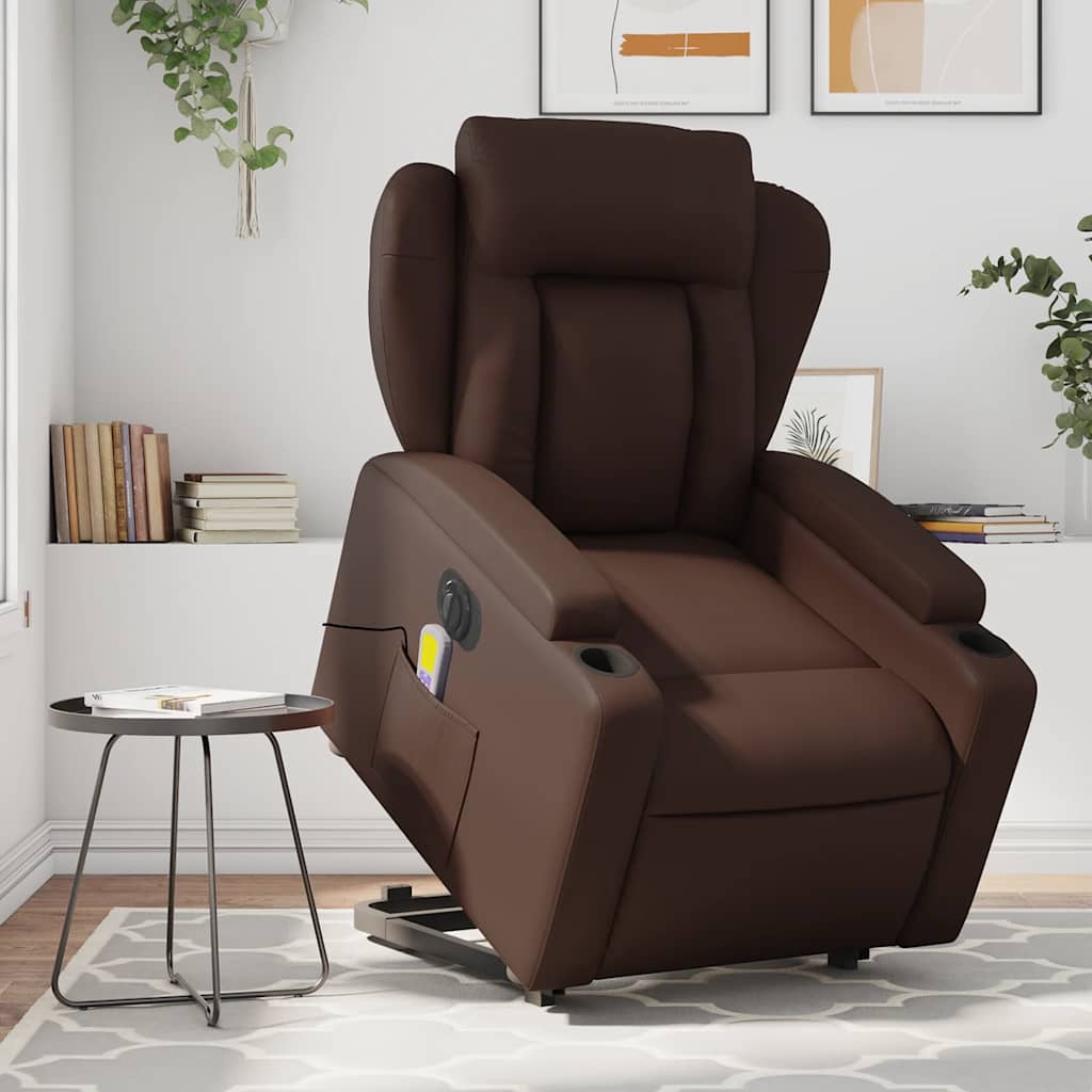 Electric Massage Recliner with Rising Function Brown Synthetic Leather