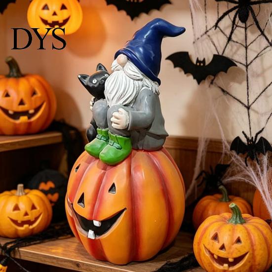 Autumn Home Accents Halloween Gnome Outdoor Garden Statue, Resin On Pumpkin Figurine with Hand Painted Yard Decor Black Cat, Fall Dwarf Sculpture for
